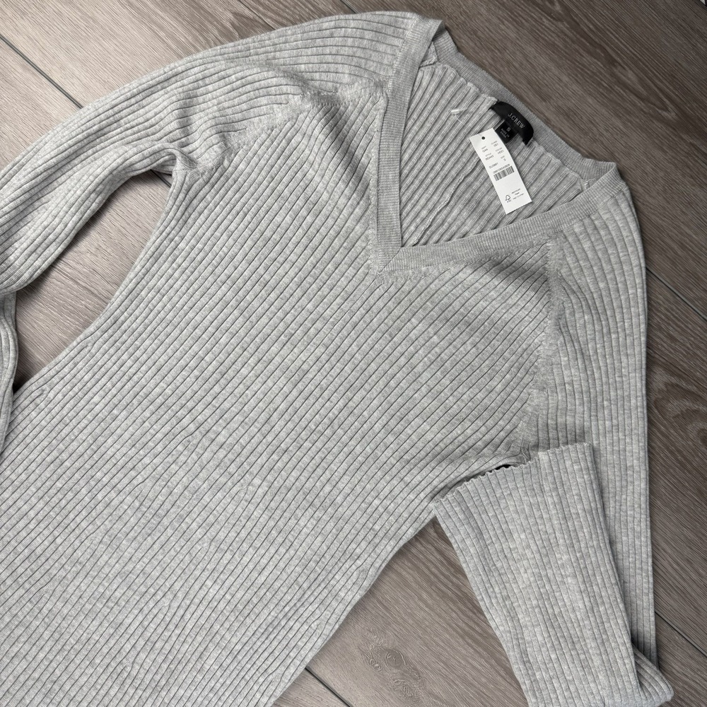 J Crew Women's V Neck Long Sleeve Ribbed Sweater Dress Grey Size Small New